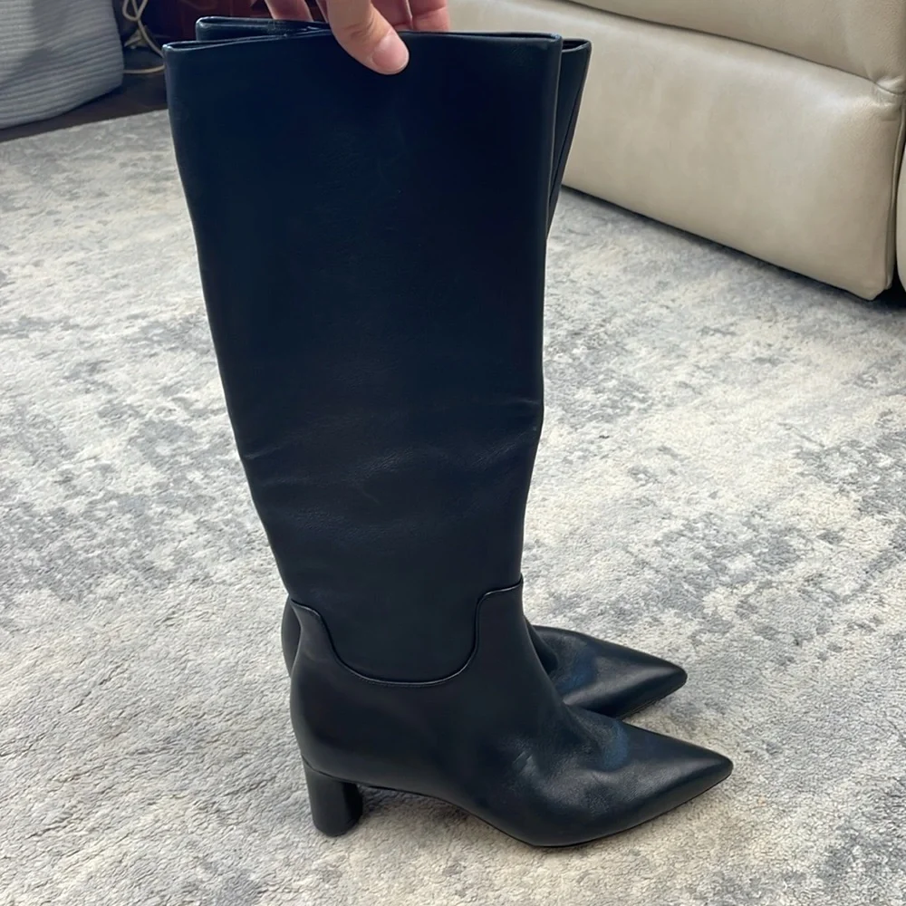 New Vince Floris Leather Boot Mid Calf Black Low Heel Everyday Sz 5